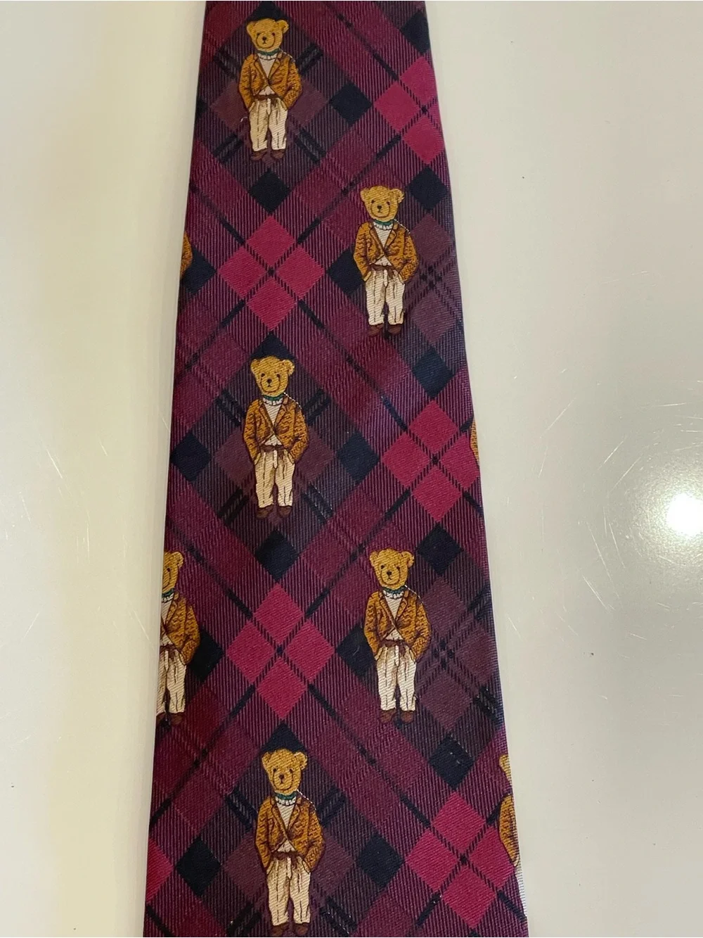 Vtg Polo Ralph Lauren Polo Bear Silk Tie Plaid Burgundy Purple Blazer Rare